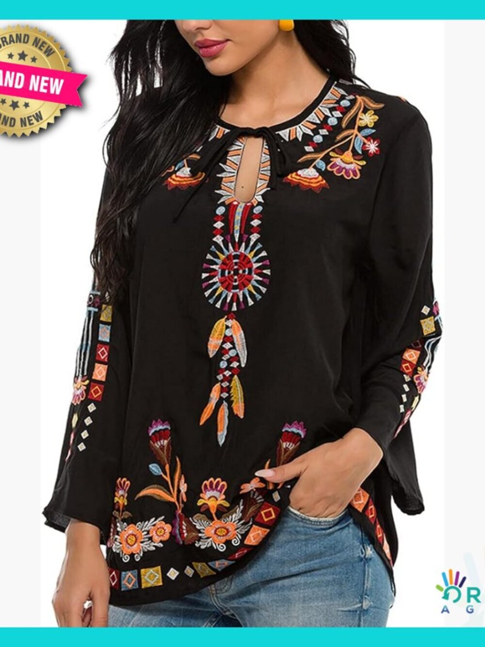 Embroidered Peasant Tunic Boho Blouse Loose Fit V Neck Summer Casual Top